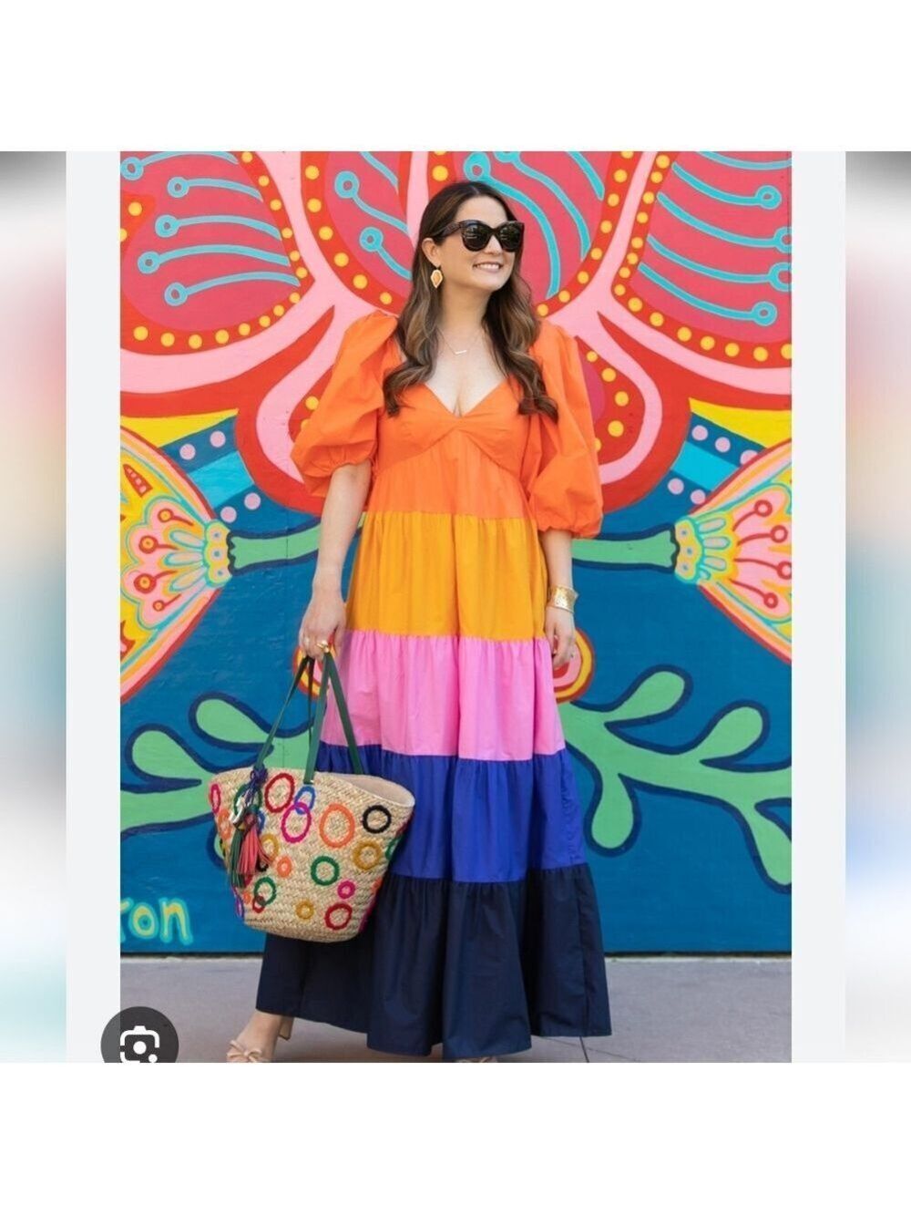 Farm Rio Anthropologie Tiered Maxi Dress Colorblock Puff Sleeve XS NWT
